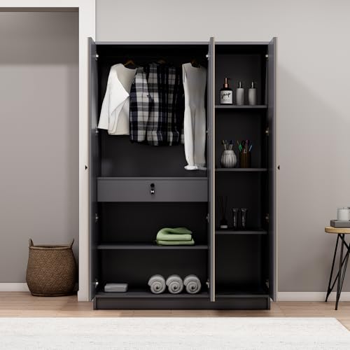 Image of Bniture Luxe 3 Door Wooden Wardrobe for Bedroom with Lockable Drawer & Hanging Space | Engineered Wood Almirah for Clothes with 3D Textured Panels | Wide Spacious Storage Cupboard | Grey & Giant Wood
