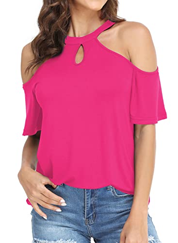Ranphee Camisetas Manga Corta Mujer Hombro Frío Cuello Redondo Blusas Mujer Verano Algodón Suelto Top Rosa M Cover