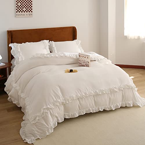 Bedbay White Bedding Set Boho Duvet Cover Set Shabby Chic Ruffle Farmhouse Bedding King 3 Pcs With 2 Pillow Shams,No Comforter(White-Ruffle,King) #TOP2
