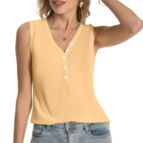 Chuhee Womens Sexy V Neck Tank Tops Sleeveless Button Henley Shirts Button Ribbed Cami Top Blouses Going Out T Shirt Yellow XL