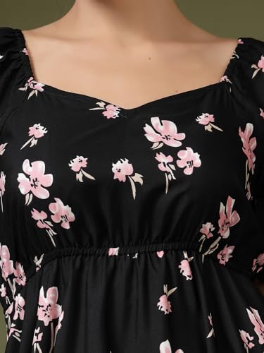 Image of OOMPH! Below Knee Shift Pink Dress in Crepe Fabric with Round Neck and Puff Sleeves - md619l