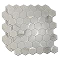 Hexagon Peel and Stick Backsplash Tiles, White Marble with Gold Accents, Waterproof PVC, 10 Sheets, Self-Adhesive Mosaic for Kitchen, Bathroom, Fireplace (10, Silver)