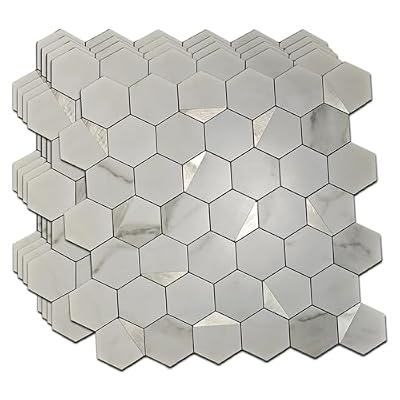 Hexagon Peel and Stick Backsplash Tiles, White Marble with Gold Accents, Waterproof PVC, 10 Sheets, Self-Adhesive Mosaic for Kitchen, Bathroom, Fireplace (10, Silver)