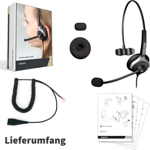 GEQUDIO Headset kompatibel mit Yealink, Snom, Avaya, Grandstream Telefon - inklusive RJ Kabel - Kopfhörer & Mikrofon mit Ersatz Polster - besonders leicht 60g (1-Ohr)