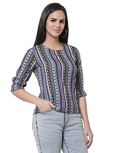 Image of Style Quotient Women Black and Multi Geometric Printed Polyester Smart Casual Top