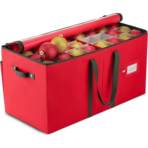 ZOBER Large Christmas Ornament Storage Box – Stores 128 3″ Ornaments, With Dividers – Ornament Organizer Storage Box, Durable Christmas Containers Holder – Extra Pockets, Dual Zipper – Red