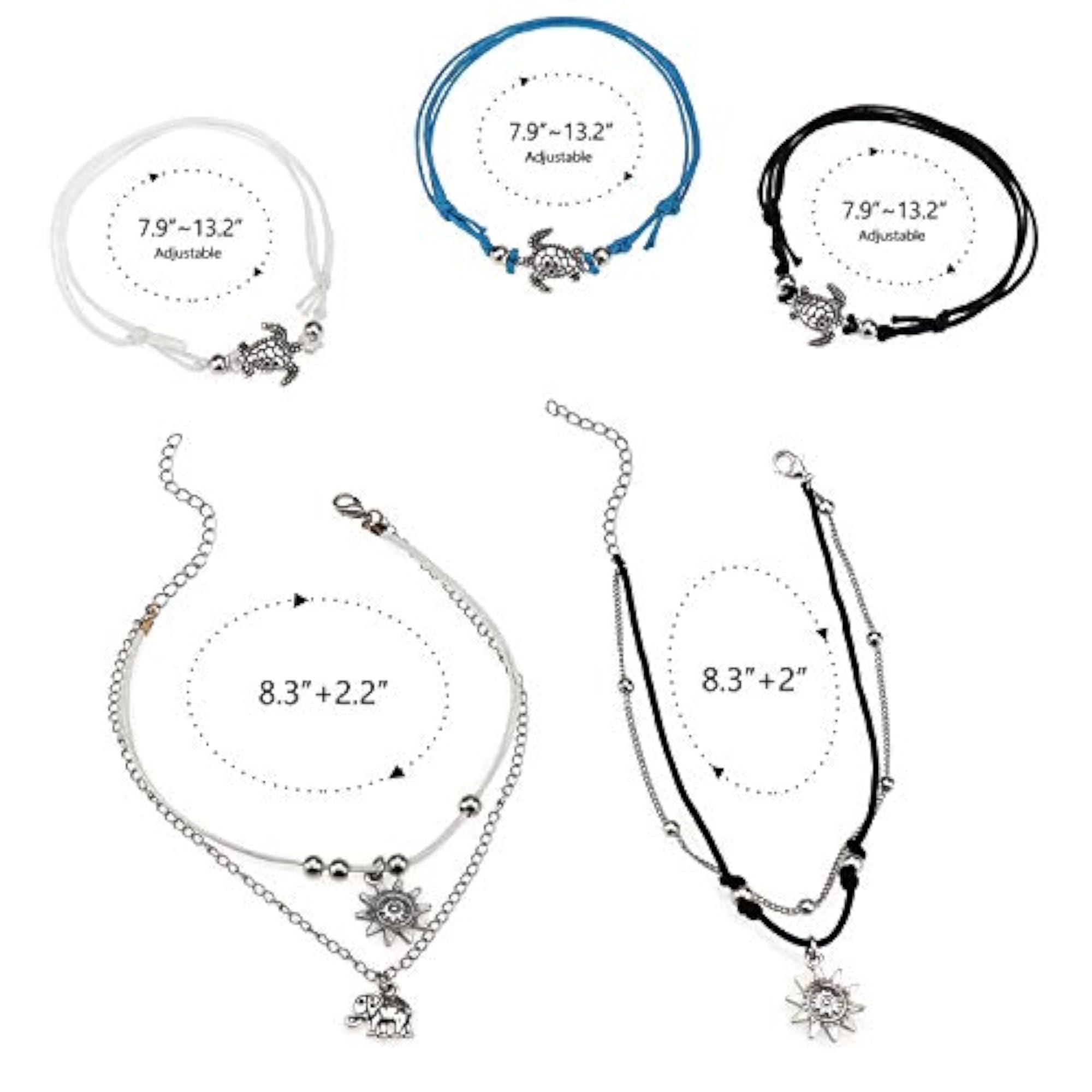 5pc Boho Handmade Turtle Anklet Set, Adjustable Layered Style