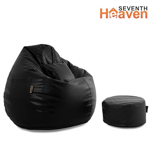 Image of Seventh Heaven 4XL Bean Bag Cover with Footrest and Cushion (Without Beans) | Premium Scratch Resistant Leatherette | (Leatherette Fabric - Black)