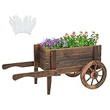 kinbor Wooden Wagon Flower Planter - Decorative Indoor/Outdoor Garden Pot Stand with Wheels, Rustic...