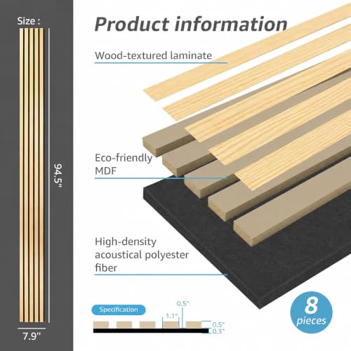 Image of Art3d 8-Pack Soundproof Wood Slat Wall Panels, 94.5 x 7.9 Inch, Oak
