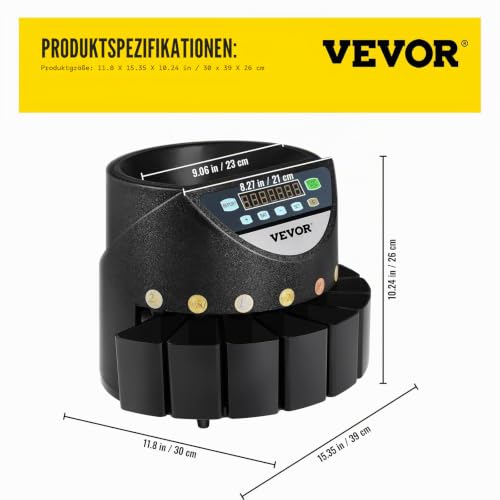 VEVOR Euro Münzzähler Sortierer 500-1000 Münzen Elektronische Automatik EUR Münzzählmaschine 300 Münzen pro Minute mit 8 Münzschubladen für Schulladenbank, schwarz