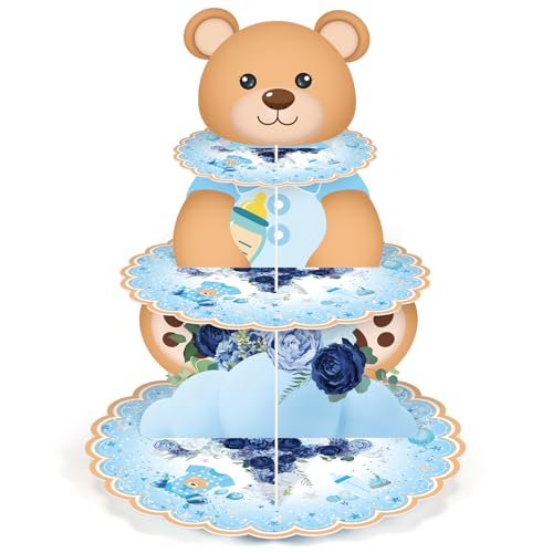 Zopeal 3 Tier We Can Bearly Wait Baby Shower Cupcake Stand Bear Cake Stand Cardboard Dessert Tower Baby Shower Cupcake Tray Holder Bear Table Decoration for Boys Girls Birthday Party Supplies