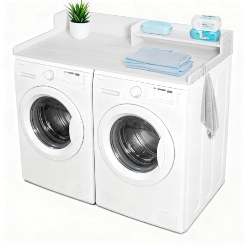 Washer and Dryer Countertop with Shelf, HDPE 2-Tier Laundry Countertop, 54″ Wide Laundry Machine Topper with 2 Hooks & Non-Slip Pads for Laundry Room Organization and Folding Clothes (White)