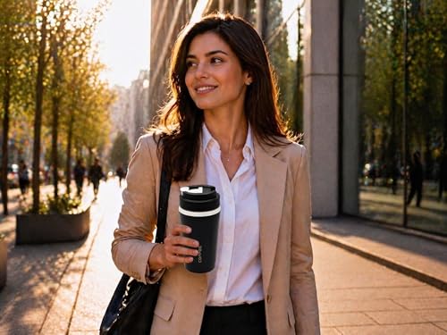 Image of Kitchivo Multipurpose Insulated Travel Mug - 350ml | Double Wall Stainless Steel Flask for Coffee, Tea & Milk | 100% Leak-Proof | Keeps Hot & Cold for Hours | Car Friendly (Matte Black)