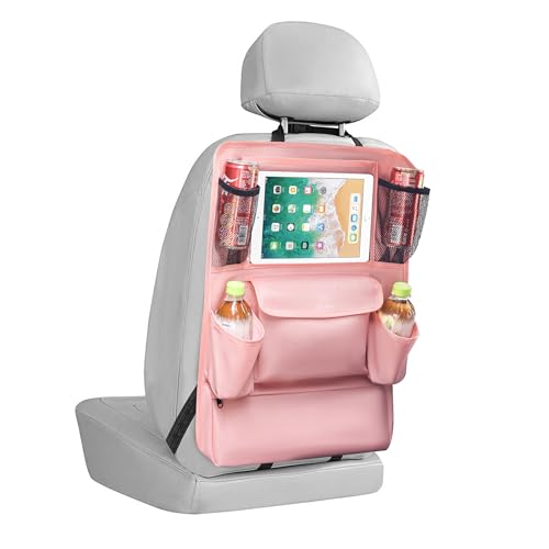 Image of LUCMO Car Backseat Organizer with Touch Screen Tablet Holder, Pink | 9 Storage Pockets,Clear Tablet Holder,Protectors Kick Mats,Travel Accessories,Seat Cover,Road Trip Essentials