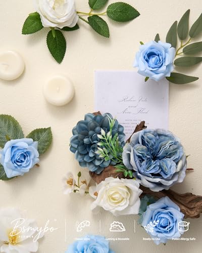 BSMYBO Artificial Blue Flowers Combo Box Set Baby Blue Rose Flowers Bulk Mix Dusty Blue Dahila Peonies Fake Silk Light Blue Flower Bouquets for Wedding Bridal Shower Table Centerpieces Home Decor - Image 3