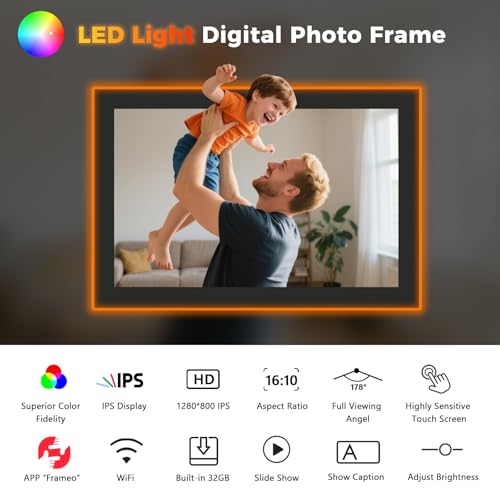 Image of AKImart 10.1'' Edge-Light Digital Photo Frame, IPS Display | AI Color-Changing LED Strip Digital Photo Frame | Quick Share Photos /Videos, Easy Setup in Frameo App | Best Digital Frame for Gifting