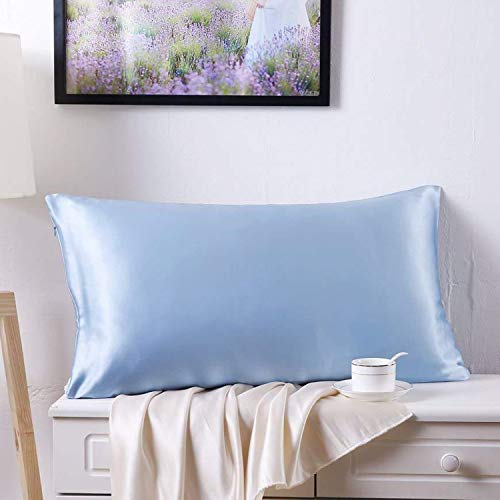 Image of Nature Silk Pillowcase Light Blue Double Side 100% Mulberry Silk Pillow Cover 14x20 Inches Toddler 35x50cm Small Silk Pillowcase for Bed, 1 Piece