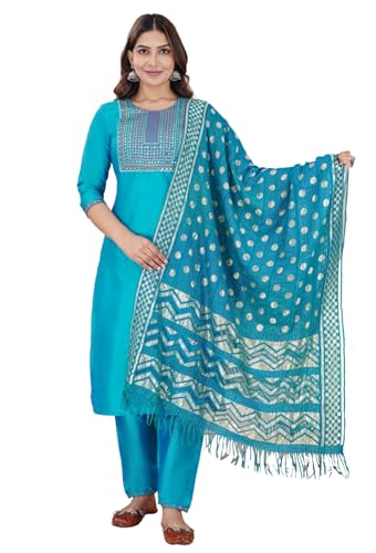 Image of Women's Silk Embroidered Kurta with Pant and Dupatta Set, Straight Style