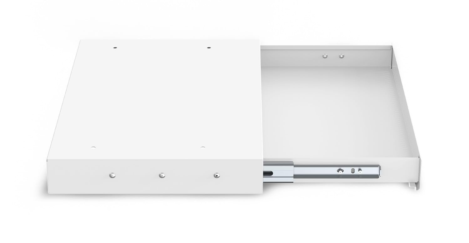 Ergolutions® Unterbau Schublade Slimline Weiß - Flache, Einfache Montage, Vollauszug, Für Büromaterial, Laptop, Tablet, Stahl, Traglast 10kg, Für Steh-/Sitz-Schreibtische