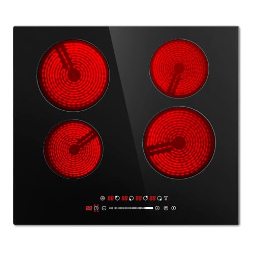 Euhomy 4 Burners Cooktop 24 inch, 220V Electric Stove Top Burner, 16 Level and Touch Control, 6000W Built-in Electric Burners for Cooking, Child Lock, Timer, Residual Heat Indicator, No Plug