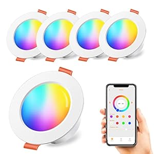 Spots LED Encastré 8W (équivalent 60W) Couleur RGB Changement Variation Coloré RGBW Contrôlé par l’APP, 3 Pouces IP44 Blanc Chaud 2700K Rond Dimmable Encastrables (lot de 4)