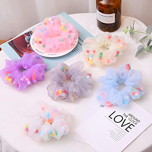 Generic Organza Pompom Scrunchies Hair Ties Chiffon Hair Elastics Bands Ponytail Holder For Women Girls 6 Pcs thumb #1