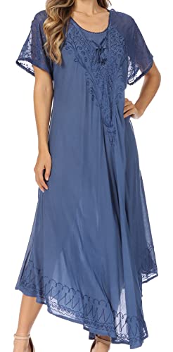 Image of Sakkas Egan Long Embroidered Caftan Dress /Cover Up with Embroidered Cap Sleeves