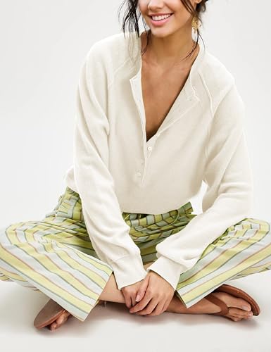 Women's Half Button Down Pullover Knit Sweater Casual Henley Long Sleeve Tunic Tops Loose Fit Trendy Outfits(Apricot-M)3