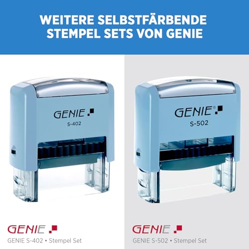 GENIE S-884 ECO Stempel Set mit Stempelkissen | Adressstempel | Automatikstempel | Firmenstempel | Selbstfärbender Stempel | Mini-Bürogerät | Robust & Personalisierbar | Buchstaben, Zahlen & Zeichen