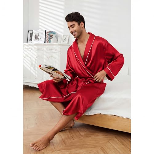 Image of Vulcanodon Men's Satin Robe Lightweight,Men's Luxurious Silk Kimono Bathrobe