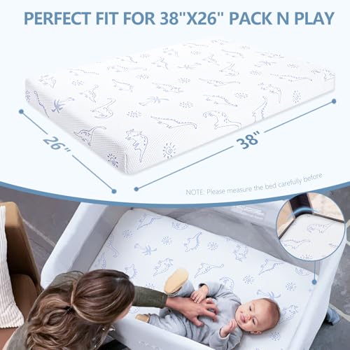 Image of Mochen Pack and Play Mattress, 38 inchx26 inch Dual-Sided Firm&Soft Memory Foam Pack n Play Mattresses Pad, Breathable Mattress for Pack n Play with Removable Dinosaurs Cover, Portable & Washable