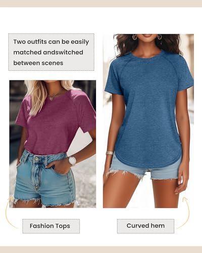 Ficerd 3 Pcs Women Short Sleeve Shirts Curved Hem Top Round Neck Tunics Side Split Summer for Women4