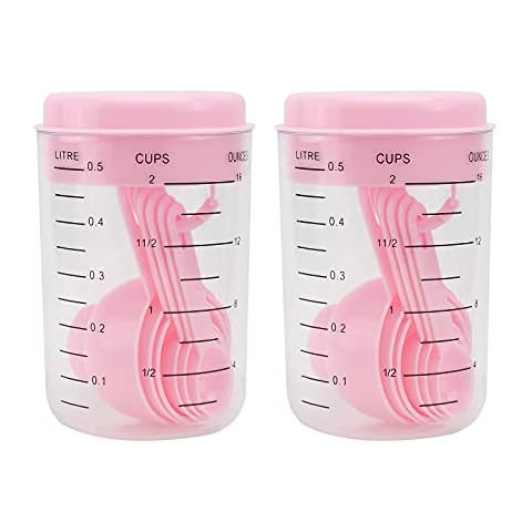 VILLCASE Measuring Jug and Spoon Set-Plastic Graduated Cups Baking Stuff Utensil Mug Stackable Teaspoons for Kitchen Cooking, Baking, Measuring Liquid, Easy to Store Cups, 2 Set (Pink) Cover