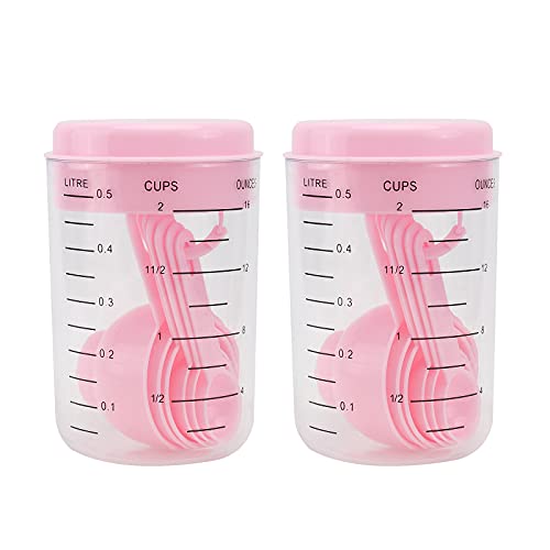 VILLCASE Measuring Jug and Spoon Set-Plastic Graduated Cups Baking Stuff Utensil Mug Stackable Teaspoons for Kitchen Cooking, Baking, Measuring Liquid, Easy to Store Cups, 2 Set (Pink)