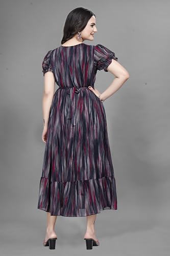 Image of Women Gown with Abstract Print | Georgette One Piece Dress with Puff Sleeves | Round Neck Tiered Midi Frock for Women | Ladies Western Maxi Dress