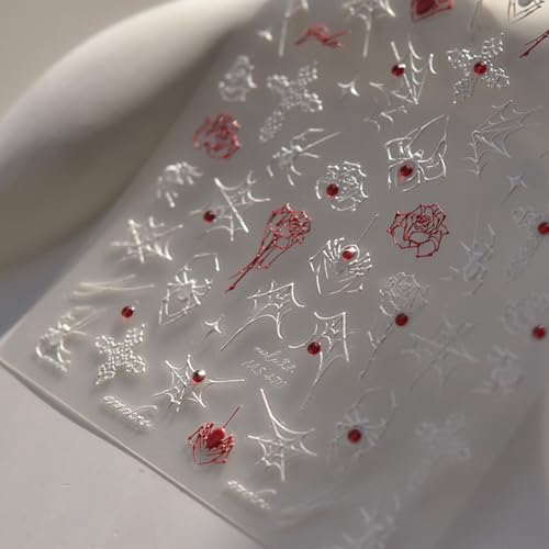 Llaoimb L959 Spider Nail Art Stickers Decals Halloween Nail Stickers 5D Red Crystal Spider Nail Supplies Self-Adhesive Spooky Spider Cross Rose Design Nail Accessories Halloween Nails Art Decorations thumb #3