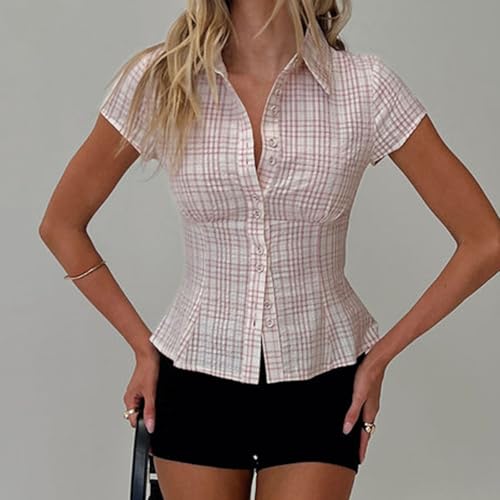 Women's Plaid Button Down Shirt Y2K Short Sleeve Vintage Blouse Top3