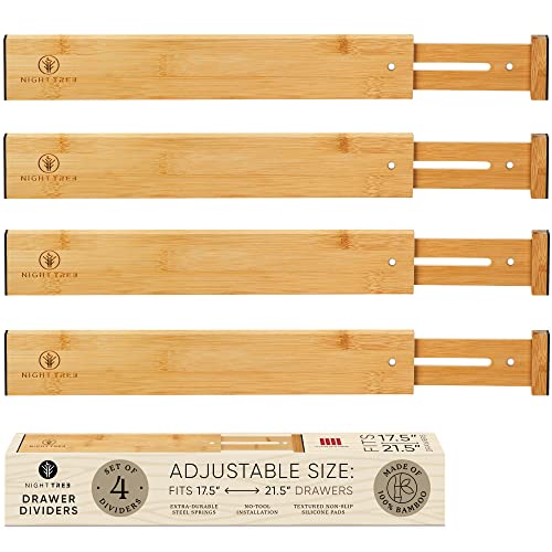 Night Tree Expandable Bamboo Drawer Dividers – Spring-Loaded Wooden Organizers for Clothes, Kitchen Utensils, Bathroom, and Dresser Drawers (17.5" to 21.5")