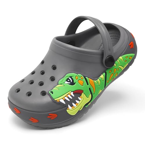 FolHaoth Boys Girls Toddler Clogs Little Kids Slip on Slides Slippers Cute Cartoon Dinosaur Tyrannosaurus rex Pattern Garden Shoes Summer Indoor Outdoor Beach Pool Water Sandals Grey