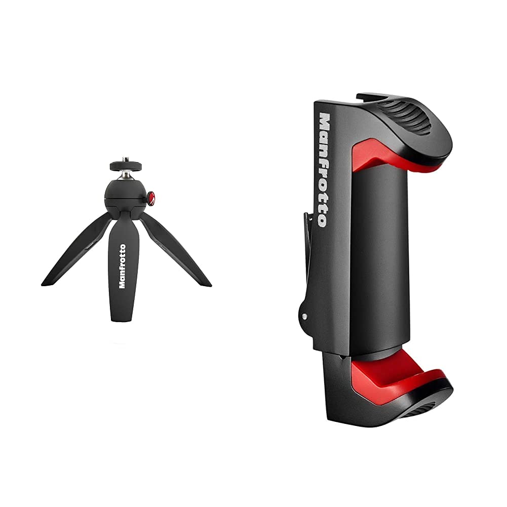 Manfrotto MTPIXI-B, PIXI Mini Tripod with Handgrip for Compact System Cameras, Black & MCPIXI Universal Smartphone Clamp, Pro Version