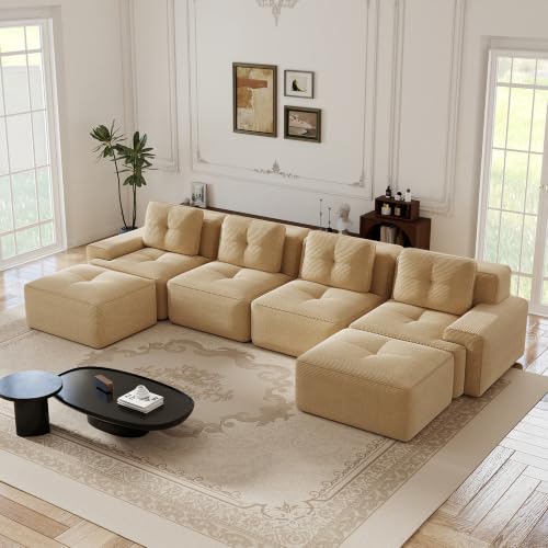 Image of 153 inch U-Shaped 4-Seater Modular Boneless Couch with 2 Ottomans, Premium Corduroy Upholstery, Deep Seat Cloud sectional Sofa, No Assembly Anti-Slip Design, Camel