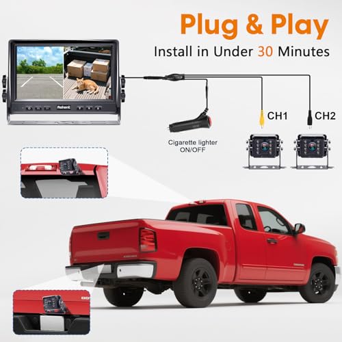 Dual RV Backup Camera System: 7" Monitor with Split Screen No Lag Easy Installation Plug and Play HD 1080P Rear View Camera Wired Kit IP69 Waterproof IR Crystal Night Vision for Truck Tractor R4