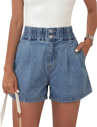 Nitzana Women's Denim Shorts Summer Baggy Elastic High Waisted Wide Leg Jean Shorts with Pockets Trendy 2026 Washed Blue L