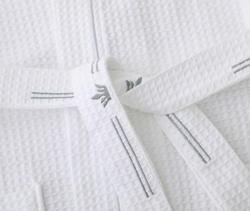 Unisex 100% cotton Waffle Knit Robe V Neck Midi Kimono Robes Soft Lightweight Spa Bathrobe with Pockets 6
