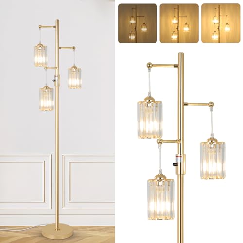 Stepeak Gold Crystal Floor Lamps for Living Room Dimmable 3 Lights Modern Standing Lamp with Crystal Shade Dimmer Switch 65 Industrial Tall Tree Lamp Vintage Brass Corner Lamp for Bedroom