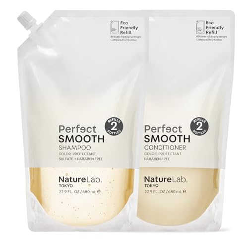 NatureLab.TOKYO Perfect Smooth Shampoo & Conditioner Duo - Japanese Shampoo & Conditioner for Dry Frizzy Hair - Calms Scalp & Tames Strands for Controlled Frizz-Free Hair - Refill Pouch 22.9oz each