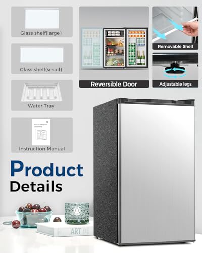 Image of Feelfunn Mini Fridge with Freezer - 3.2 Cu.Ft Single Door Mini Refrigerator with Adjustable Thermostat, Energy Saving, Low Noise, Small Fridge for Bedroom, Office, Dorm, Apartment, Classroom - Silver
