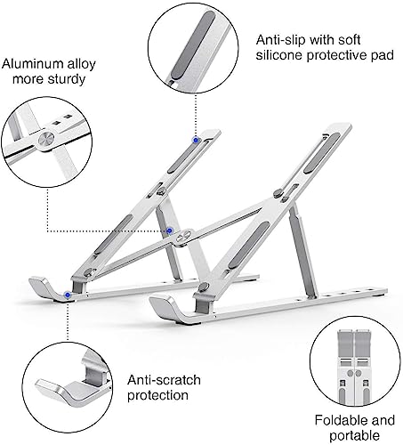 Image of Aluminium Laptop Stand Foldable Design, Anti-Slip Silicone Rubber Pad with 7 Angle Adjustment Stand Compatible for Laptop, MacBook, Smart Phone, Tablet (Silver)