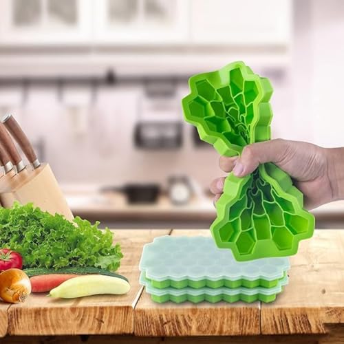 Image of Solitude 2 Pcs Flexible Silicone Ice Cube Trays for Freezer | Stackable, Soft Easy-Release Honeycomb Shape 74 Cavities Small Cubes Tray with Lid for Bar Whiskey Cocktail Fridge (Green)